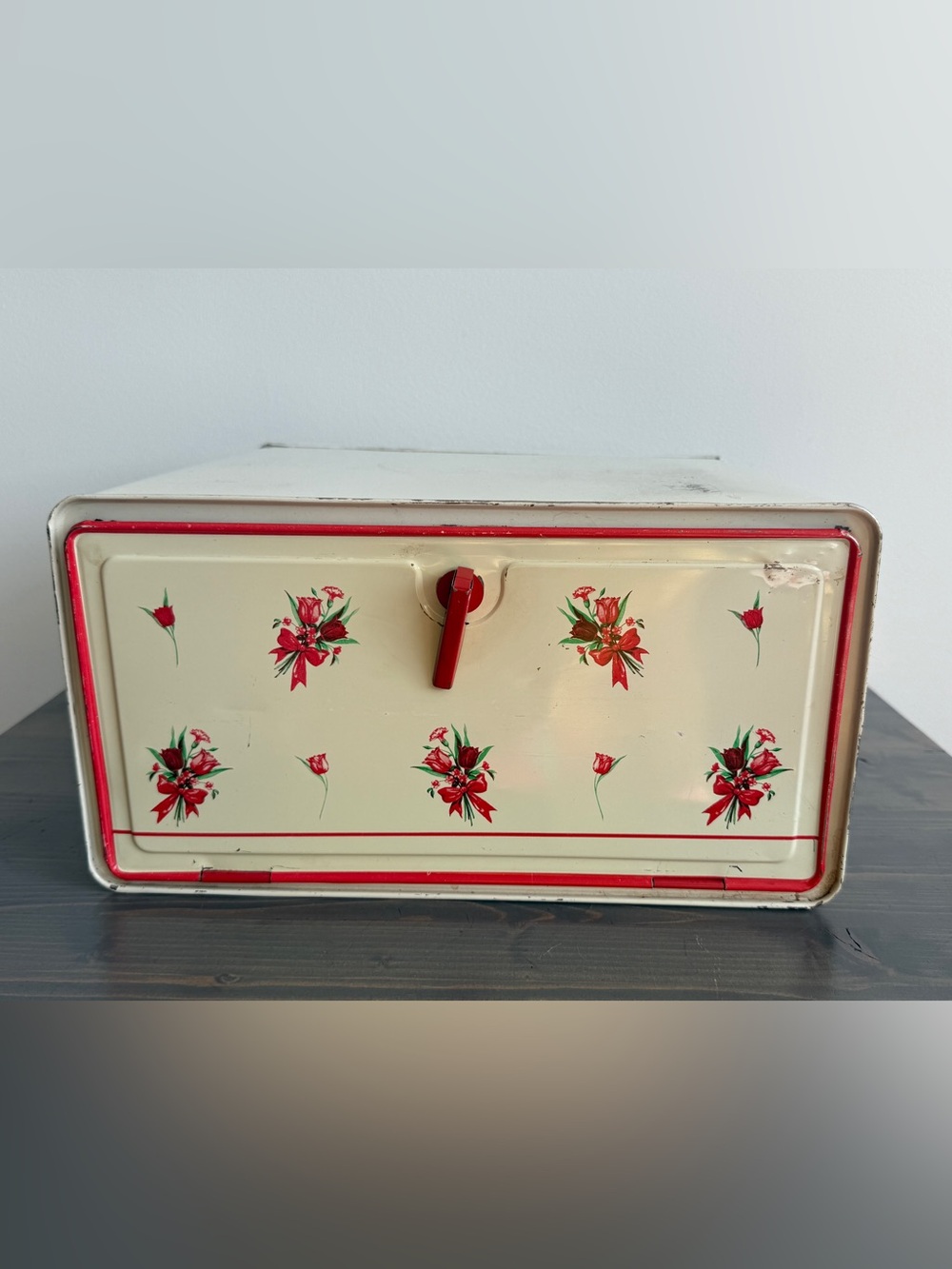 Vintage off white metal bread box